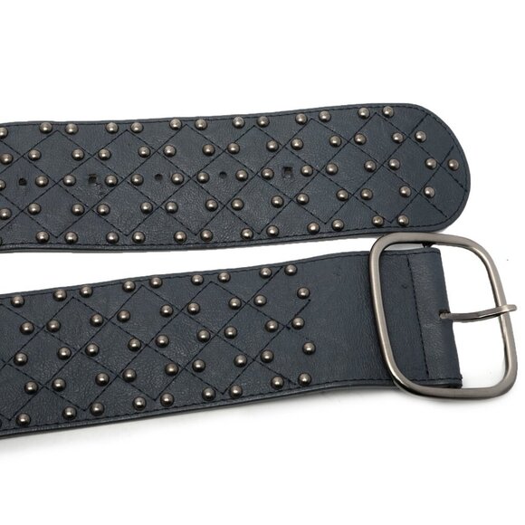 Wide Faux Leather Studded Belt Navy Steel Blue Silver Club Retro Vegan Hip - Picture 6 of 12